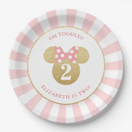Minnie Mouse | Gold & Pink Striped Birthday Paper Plates
