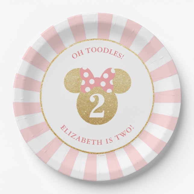 Minnie Mouse | Gold & Pink Striped Birthday Paper Plates (Front)