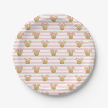 Minnie Mouse | Gold & Pink Striped Birthday Paper Plates by MickeyAndFriends at Zazzle