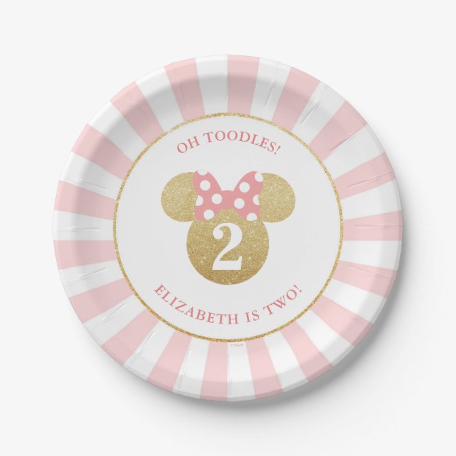 Minnie Mouse | Gold & Pink Striped Birthday Paper Plates (Front)