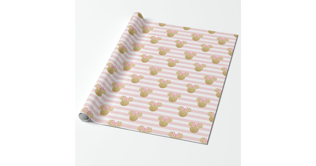 Minnie Mouse | Gold & Pink Striped Birthday Wrapping Paper