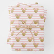 Minnie Mouse   Gold & Pink Striped Birthday Wrapping Paper Sheets