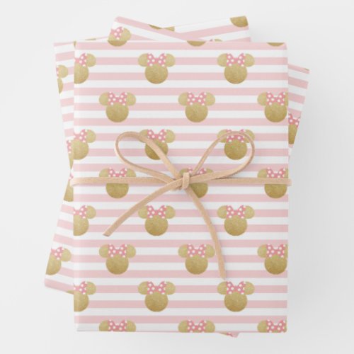 Minnie Mouse  Gold  Pink Striped Birthday Wrapping Paper Sheets