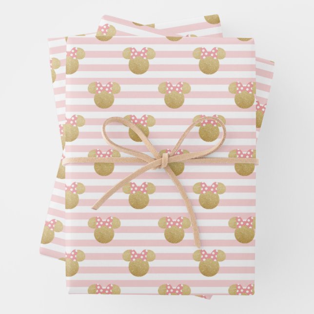 Minnie Mouse | Gold & Pink Striped Birthday Wrapping Paper Sheets (In situ)