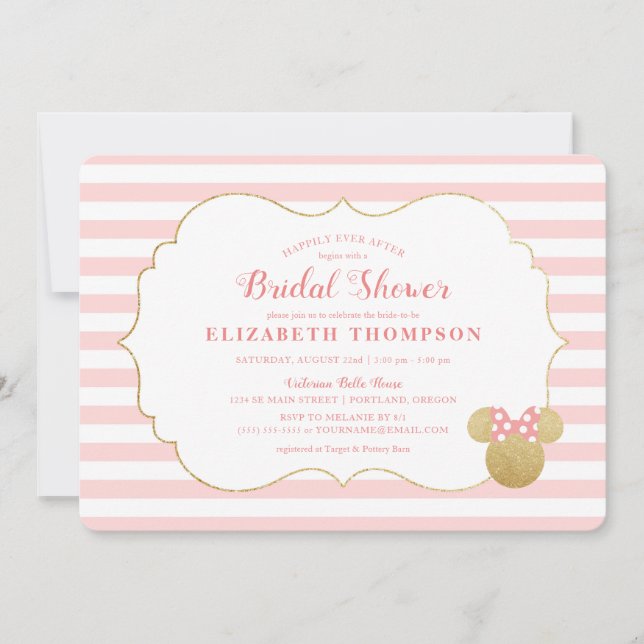 Minnie Mouse | Gold & Pink Striped Bridal Shower Invitation (Front)