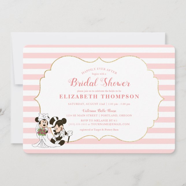 Minnie Mouse Gold & Pink Striped Bridal Shower Invitation (Front)