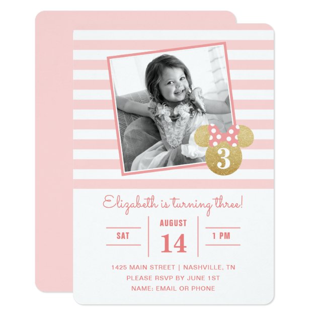 Minnie Mouse | Gold & Pink Striped Photo Birthday Card
