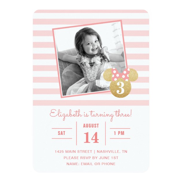 Minnie Mouse | Gold & Pink Striped Photo Birthday Card