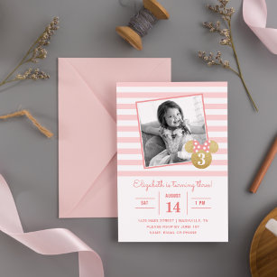 Minnie Mouse   Gold & Pink Striped Photo Birthday Invitation