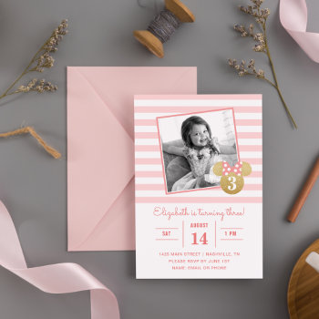 Minnie Mouse | Gold & Pink Striped Photo Birthday Invitation by MickeyAndFriends at Zazzle