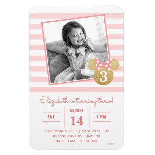 Minnie Mouse   Gold & Pink Striped Photo Birthday Magnet