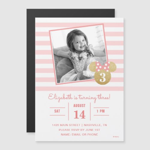 Minnie Mouse  Gold  Pink Striped Photo Birthday Magnetic Invitation