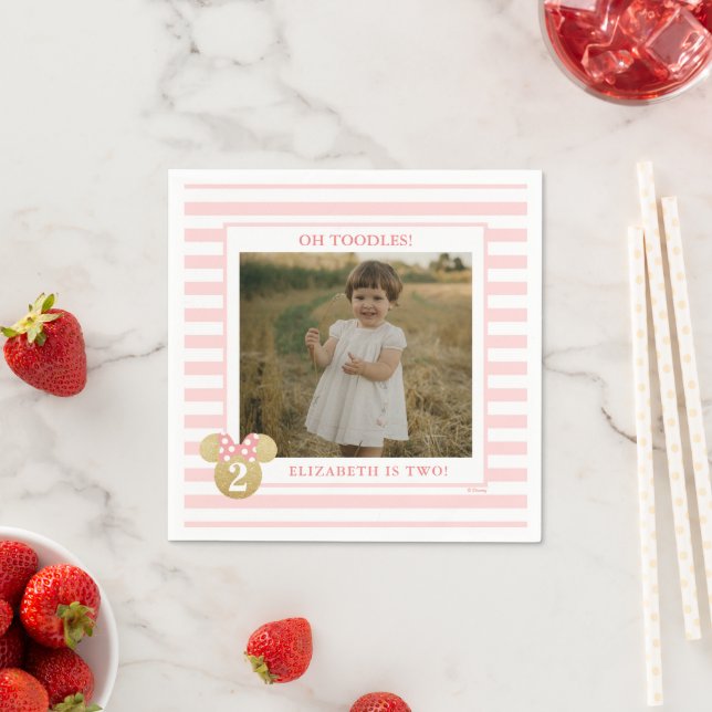 Minnie Mouse | Gold & Pink Striped Photo Birthday Napkins | Zazzle