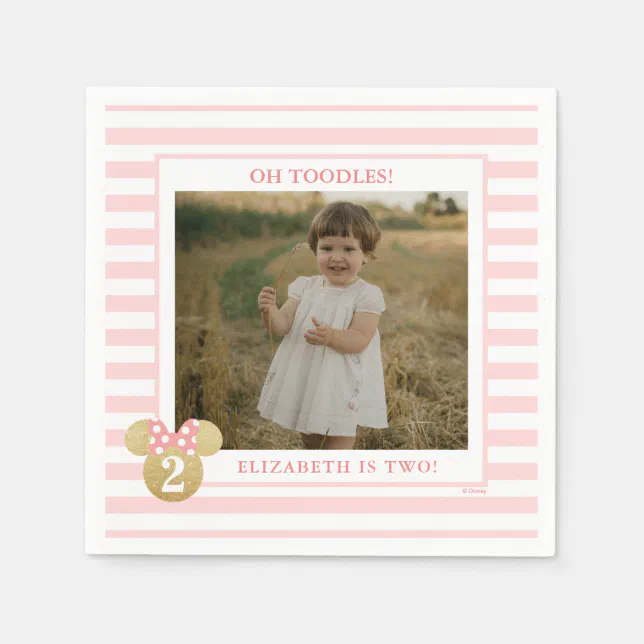 Minnie Mouse | Gold & Pink Striped Photo Birthday Napkins | Zazzle