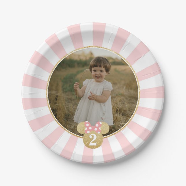 Minnie Mouse | Gold & Pink Striped Photo Birthday Paper Plates (Front)