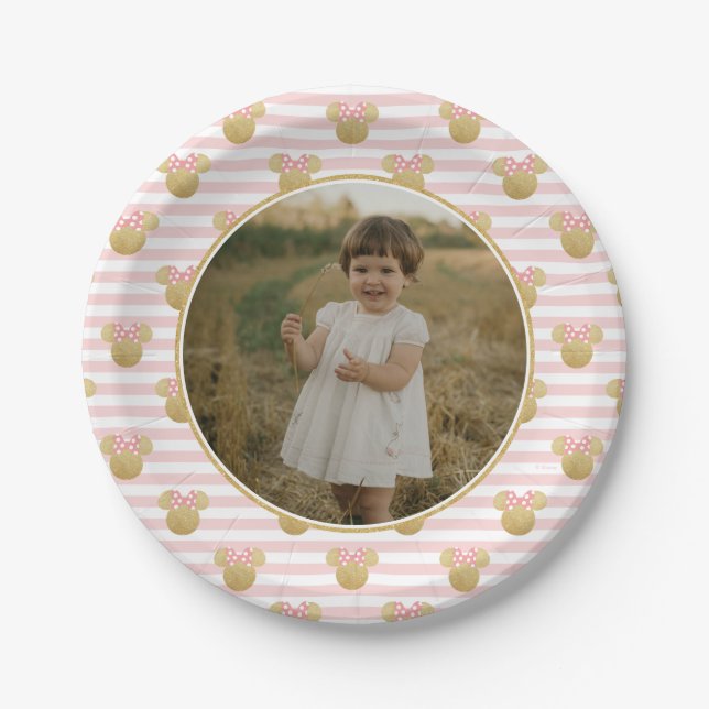 Minnie Mouse | Gold & Pink Striped Photo Birthday Paper Plates (Front)