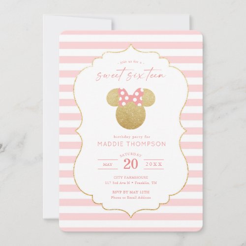 Minnie Mouse  Gold  Pink Sweet Sixteen Sixteen Invitation
