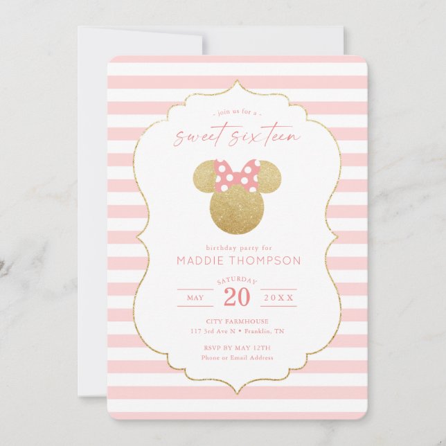 Minnie Mouse | Gold & Pink Sweet Sixteen Sixteen Invitation (Front)
