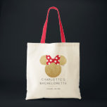 Minnie Mouse | Gold & Red Bachelorette Tote Bag<br><div class="desc">Elevate your bachelorette festivities with this enchanting Minnie Mouse Bachelorette Tote Bag. Perfect for toting all your essentials, this bag features the iconic Minnie Mouse head adorned with dazzling gold glitter sparkles and a charming red and white bow. Make this tote bag uniquely yours by adding custom text, such as...</div>