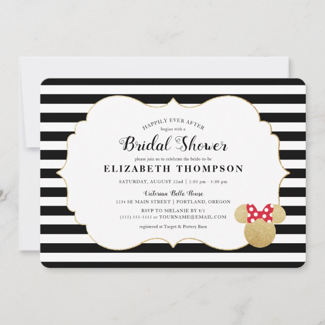 Minnie Mouse | Gold Striped Bridal Shower Invitation (Front)