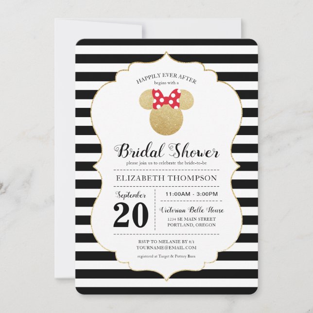 Minnie Mouse | Gold Striped Bridal Shower Invitation (Front)