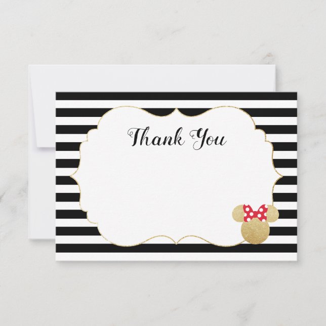 Minnie Mouse Gold Striped Bridal Shower Thank You Card (Front)