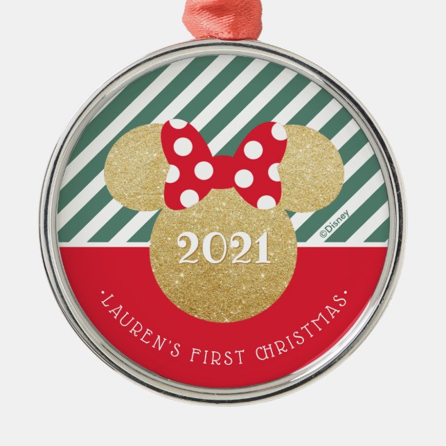 Minnie Mouse | My First Christmas - Red and Green Metal Ornament (Front)