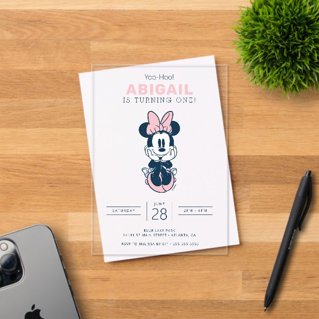 Minnie Mouse Pink & Blue 1st Birthday Acrylic Invitations (Insitu (Invitation Card))