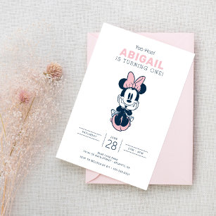 Minnie Mouse Pink & Blue 1st Birthday Invitation