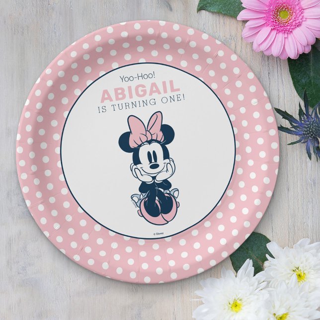 Minnie Mouse Pink & Blue 1st Birthday Paper Plates (Paper plate on table with flowers)