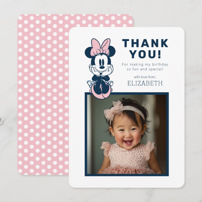 Minnie Mouse Pink & Blue 1st Birthday Thank You Card (Front/Back)
