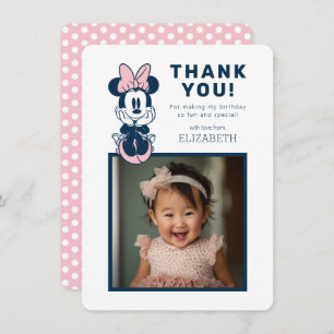 Minnie Mouse Pink & Blue 1st Birthday Thank You Card
