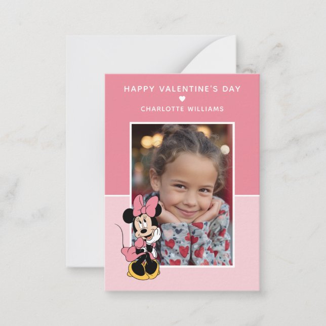 Minnie Mouse Pink Bow Photo Valentine Note Card (Front)