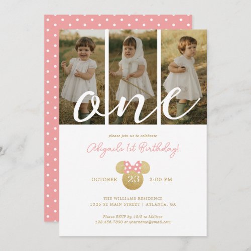 Minnie Mouse Pink  Gold Birthday  Photo Collage Invitation