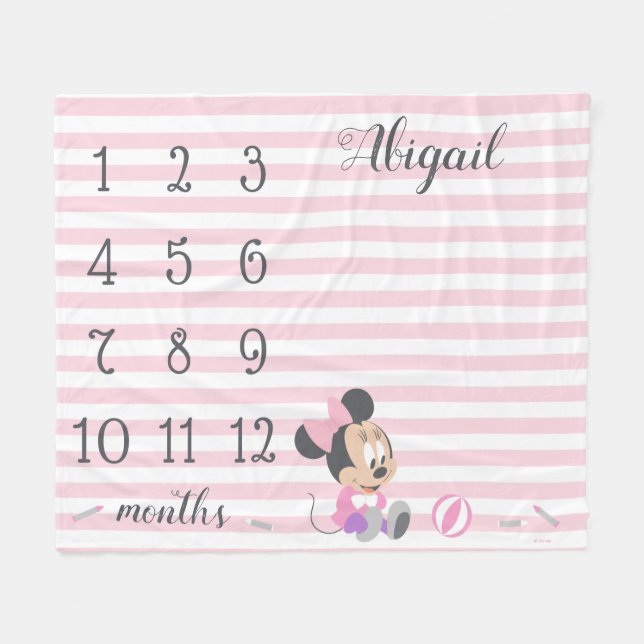Minnie Mouse | Pink Striped Baby Monthly Milestone Fleece Blanket (Front (Horizontal))
