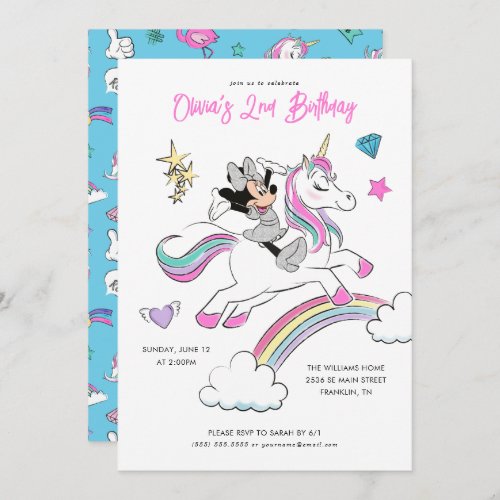 Minnie Mouse  Rainbow Unicorn Girls Birthday Invitation