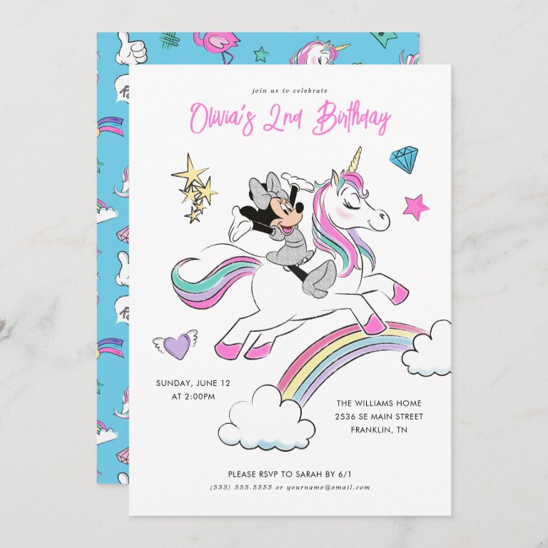 Minnie Mouse | Rainbow Unicorn Girls Birthday Invitation