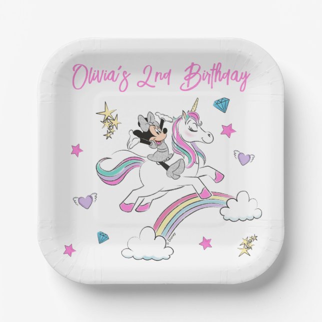 Minnie Mouse | Rainbow Unicorn Girls Birthday Paper Plates (Front)