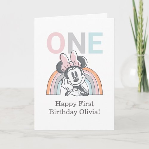 Minnie Mouse Rainbow Watercolor 1st Birthday Card