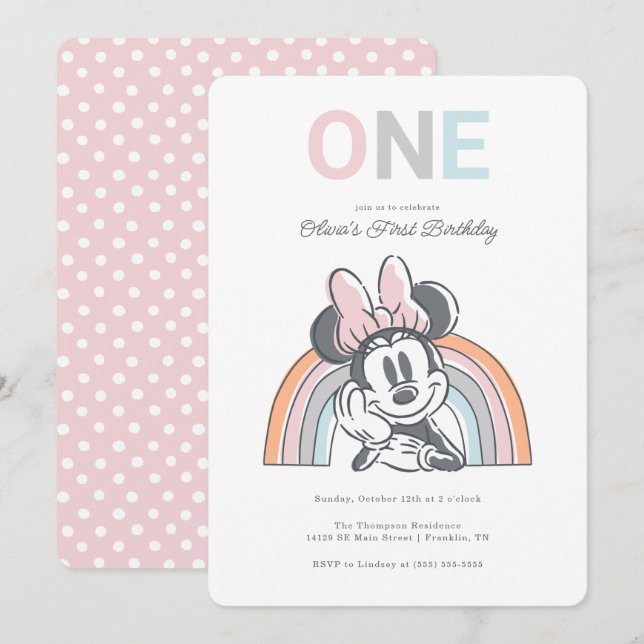 Minnie Mouse Rainbow Watercolor 1st Birthday  Invitation (Front/Back)