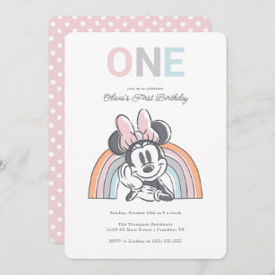 Minnie Mouse Rainbow Watercolor 1st Birthday  Invitation