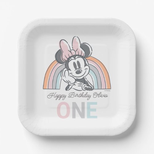 Minnie Mouse Rainbow Watercolor 1st Birthday Paper Plates