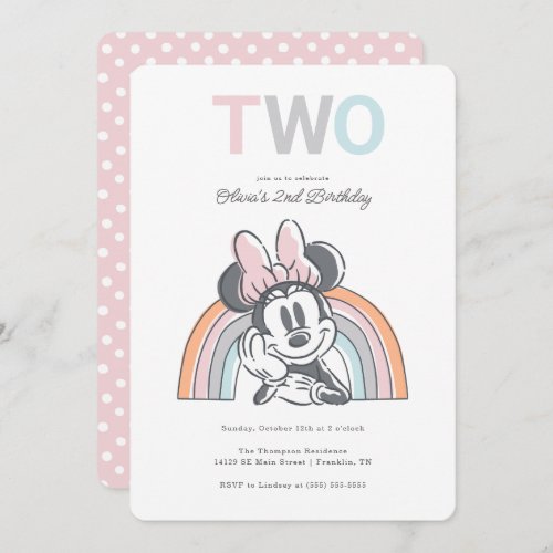 Minnie Mouse Rainbow Watercolor 2nd Birthday Invitation