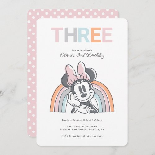 Minnie Mouse Rainbow Watercolor 3rd Birthday Invitation