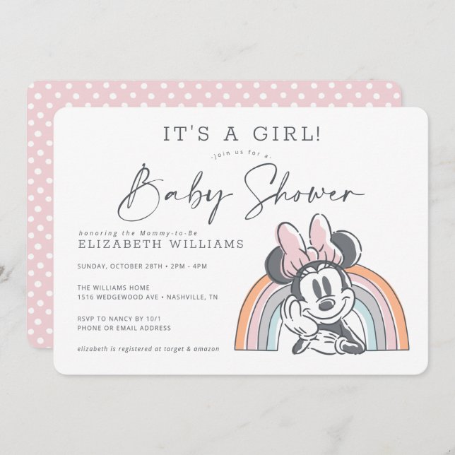 Minnie Mouse Rainbow Watercolor Baby Shower Invitation (Front/Back)