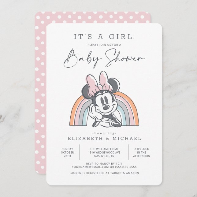 Minnie Mouse Rainbow Watercolor Baby Shower Invitation (Front/Back)