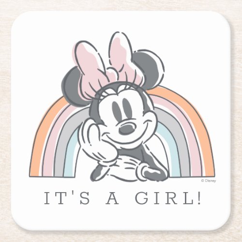 Minnie Mouse Rainbow Watercolor Baby Shower Square Paper Coaster