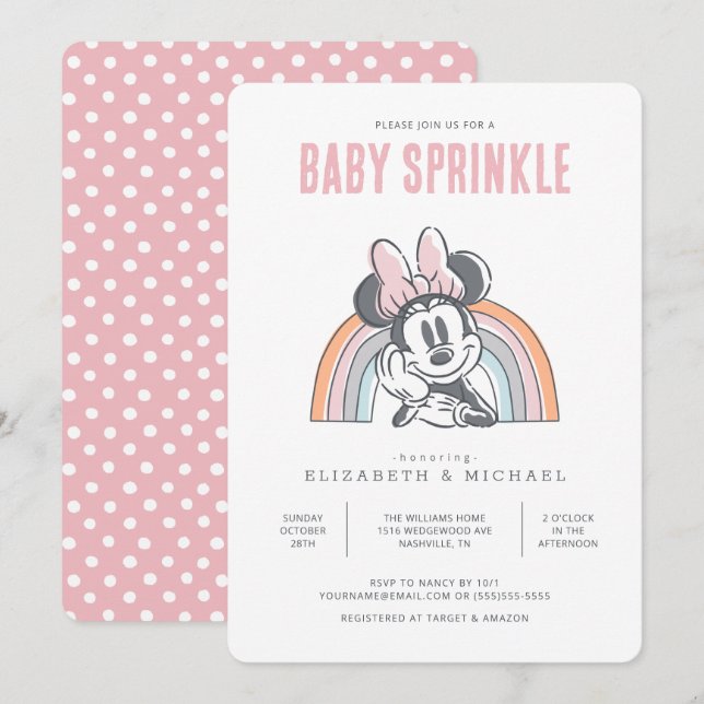 Minnie Mouse Rainbow Watercolor Baby Sprinkle Invitation (Front/Back)
