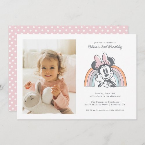 Minnie Mouse Rainbow Watercolor Photo Birthday Invitation