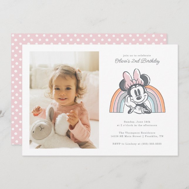 Minnie Mouse Rainbow Watercolor Photo Birthday Invitation (Front/Back)